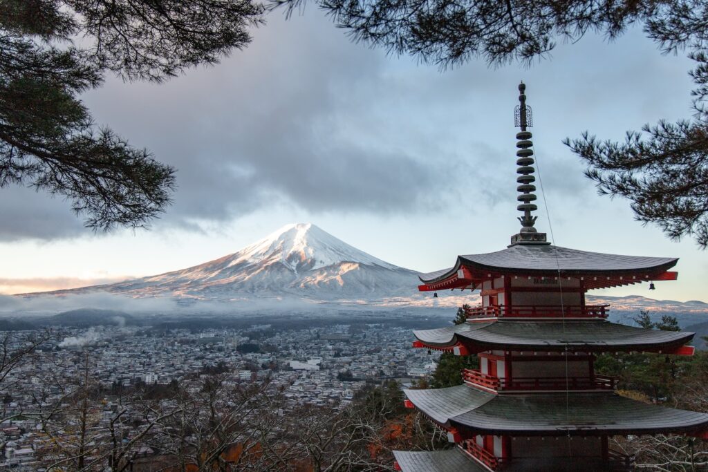 Red and gray pagoda temple.