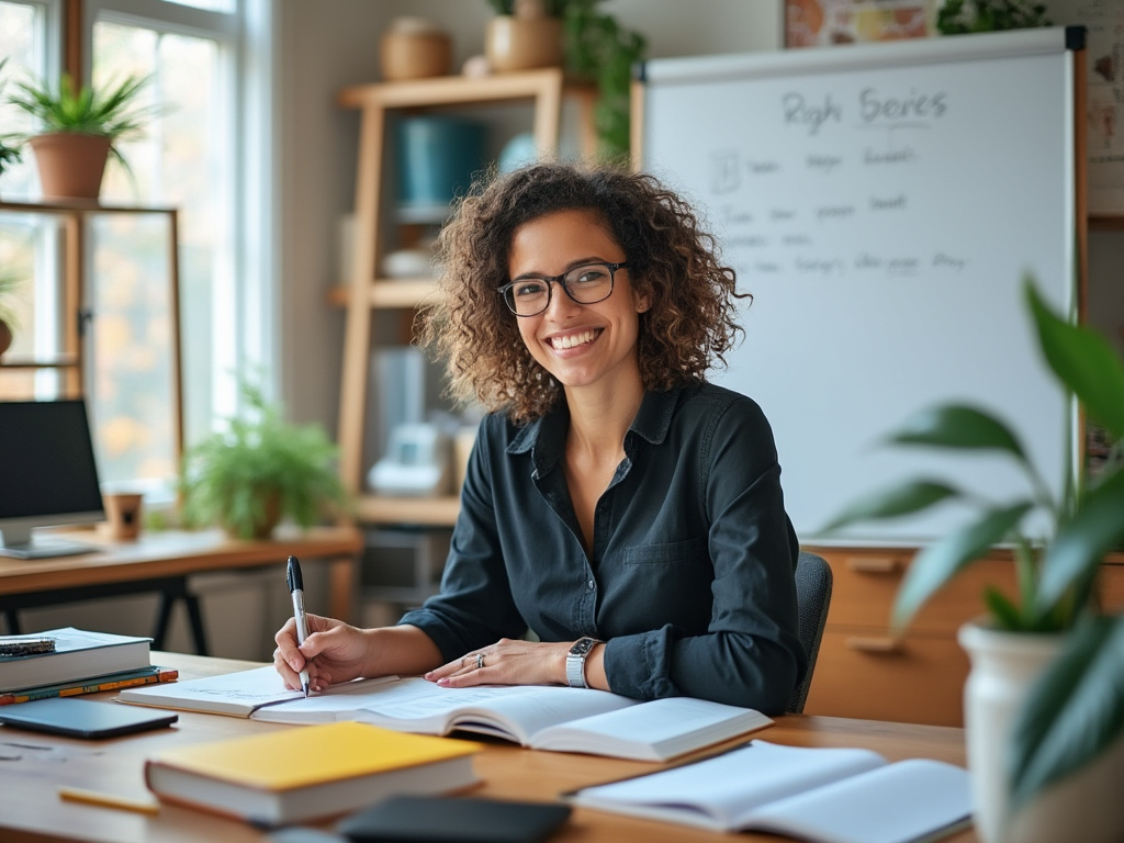 A teacher in a home office setting with learning materials around them, like books or whiteboards, to highlight professionalism.