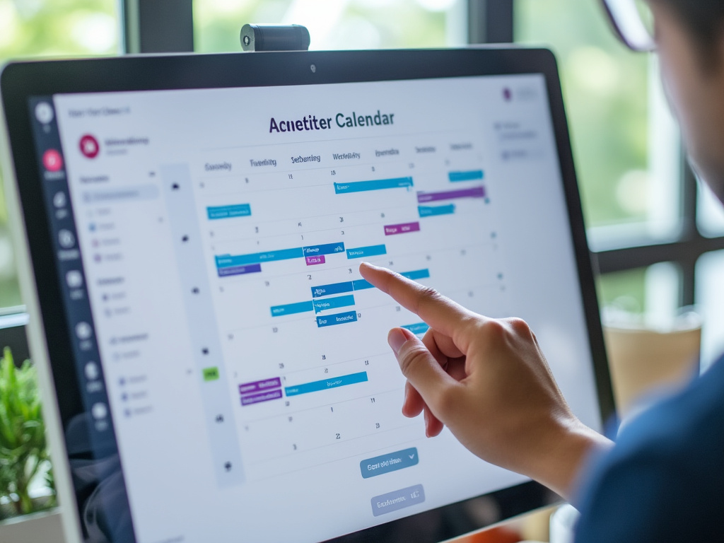 A calendar with multiple time slots highlighted, representing flexible scheduling. The image shows a person selecting a time on the calendar via a computer screen, with soft natural lighting in the background. The scene feels professional and organized