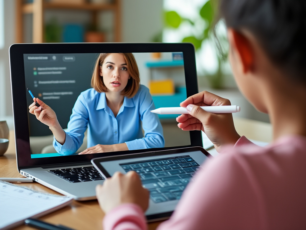 A one-on-one virtual lesson, showing a teacher on a laptop screen explaining something with a digital pen. The student is taking notes on a tablet or notebook. The background is a home or study space, emphasizing personalized learning with tailored materials on screen.