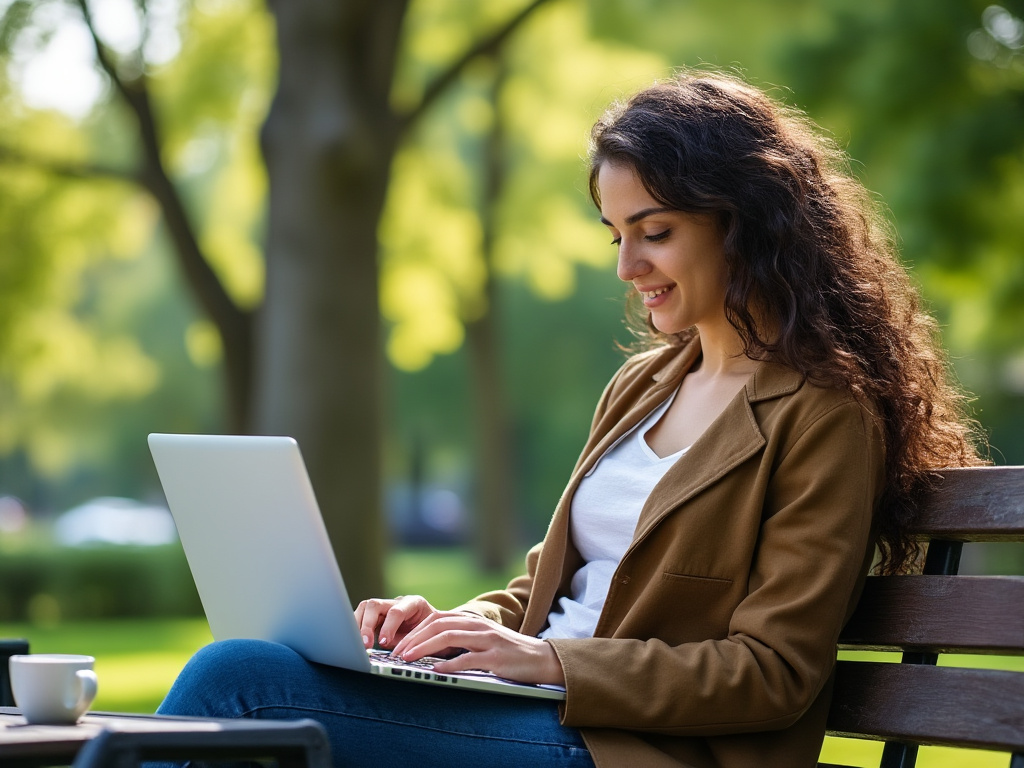 A person sitting in a park, coffee shop, or other outdoor setting, working on a laptop while attending an online class. The setting is casual and comfortable, with the student looking relaxed, highlighting the flexibility of learning from anywhere. The scene includes a view of the environment—like trees, a coffee cup, or a bench—showcasing the convenience of remote learning.